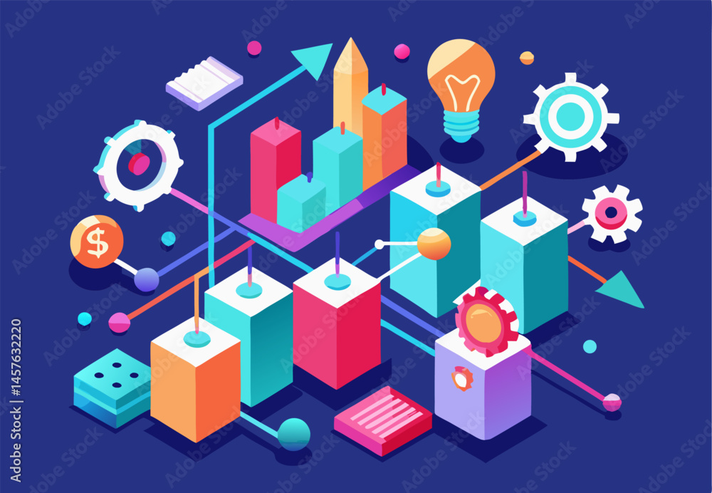 Isometric Business Growth Chart with Connected Icons Isometric Business Growth Chart with Connected Icons