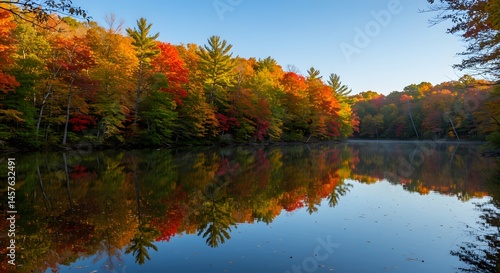 A tranquil lake surrounded by autumn-colored trees reflecting on the water's surface under a clear blue sky