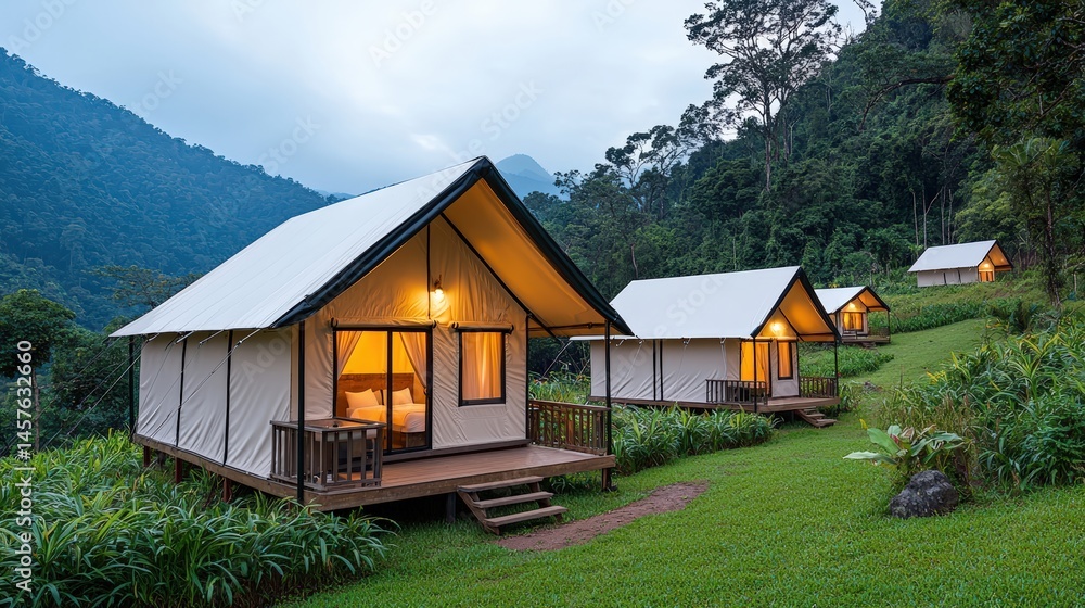 Fototapeta premium Eco-friendly glamping site embracing sustainable tourism in lush greenery