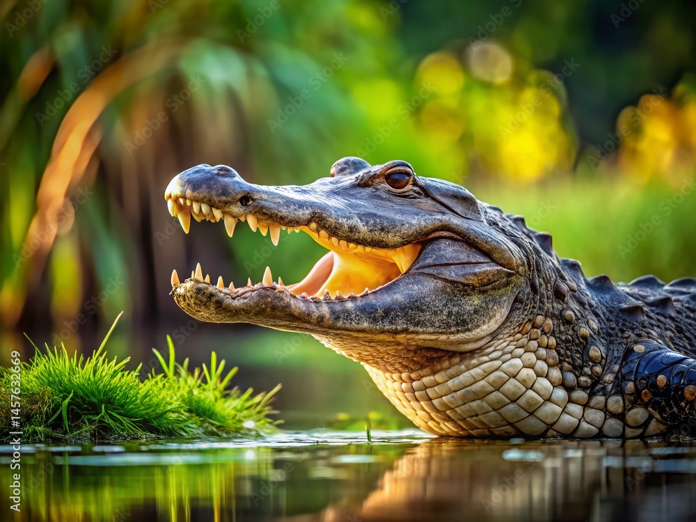 Fototapeta premium Alligator Side Profile, Open Mouth, Sharp Teeth, Reptile, Nature, Wildlife, Swamp, Florida Everglades