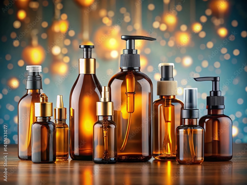 Amber Glass Bottles with Pumps & Spray Tops - Bokeh Background Stock Photo Amber Glass Bottles with Pumps & Spray Tops - Bokeh Background Stock Photo