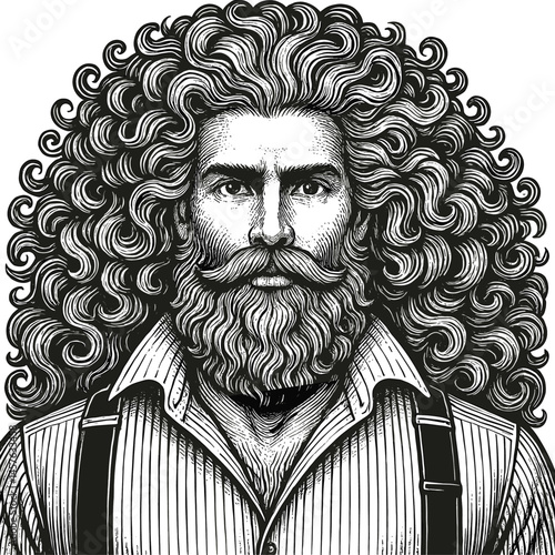Vintage Male with crazy hair Illustration - Black and White Line Art, drawn in an engraved, woodcut style with fine details sketch engraving vector illustration. Scratch board imitation. 
