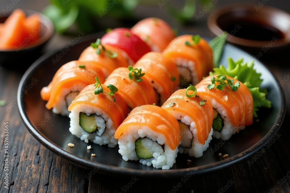 Variety of sushi rolls on a platter, soy sauce, nori, image, white Variety of sushi rolls on a platter, soy sauce, nori, image, white