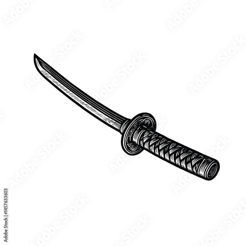 Vintage Katana Sword Illustration - Black and White Line Art, drawn in an engraved, woodcut style with fine details sketch engraving vector illustration. Scratch board imitation. Black and white image