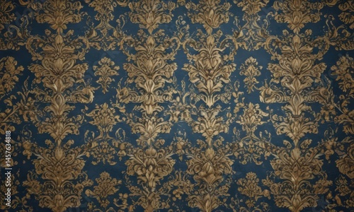 Luxury damask wallpaper, blue and gold floral design  Seamless ornate pattern , gold, premium