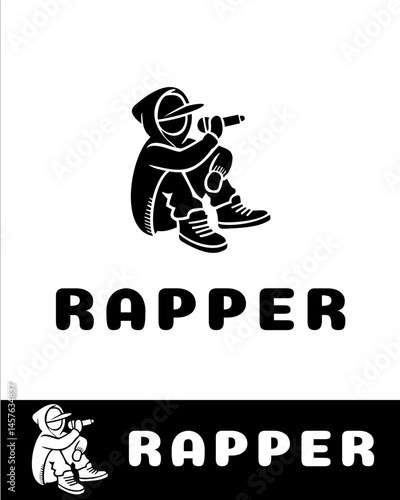 A bold and modern logo illustration of a rapper in a hoodie holding a microphone, symbolizing urban culture, street style, and hip hop music, ideal for entertainment branding and music events