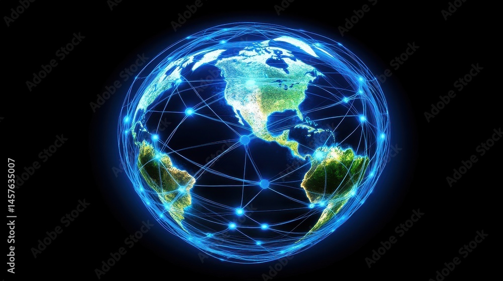 3D-rendered globe with bright blue network links connecting major cities, symbolizing worldwide internet connectivity, digital communication, and global business, isolated on dark gradient background. 3D-rendered globe with bright blue network links connecting major cities, symbolizing worldwide internet connectivity, digital communication, and global business, isolated on dark gradient background.