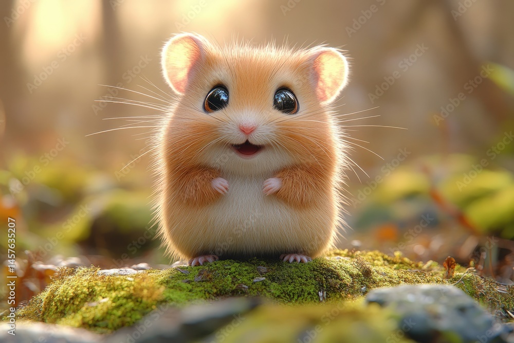 Happy hamster sitting on moss, forest background, cute pet image Happy hamster sitting on moss, forest background, cute pet image