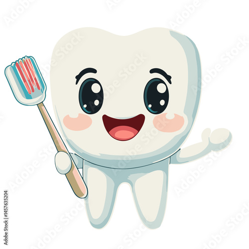 Cute kawaii chibi dentist character holding toothbrush encourages dental hygiene and smiles in a playful design