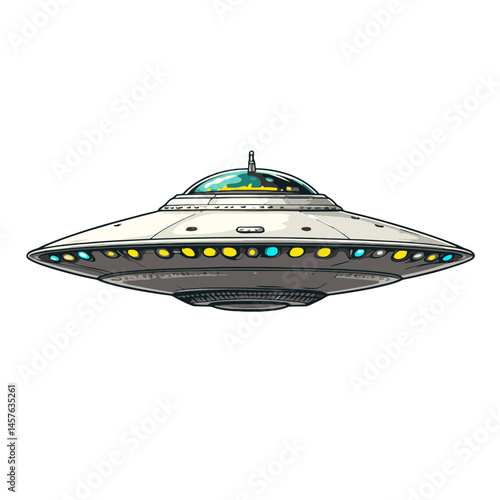 Flat cartoon icon of a flying saucer UFO, showcasing vibrant colors and a classic design