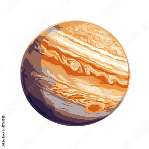 Flat cartoon depiction of Jupiter showcasing its iconic stripes and colors in a simplistic 2D style