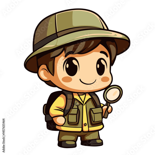 Kawaii chibi zoologist character holding a magnifying glass in a cheerful pose