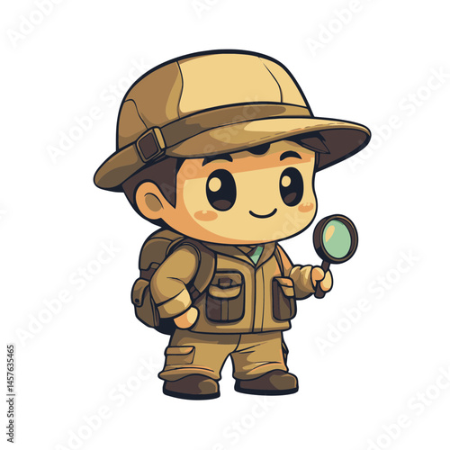 Charming kawaii chibi zoologist character icon exploring nature with a magnifying glass in a playful 2D style