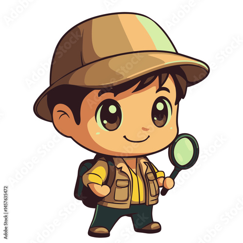 Kawaii chibi zoologist character icon exploring nature with a magnifying glass in a playful, colorful style