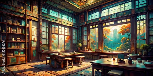 Anime Study Room Pattern, Intricate Urban Exploration Design, Grunge Aesthetic Stock Photo