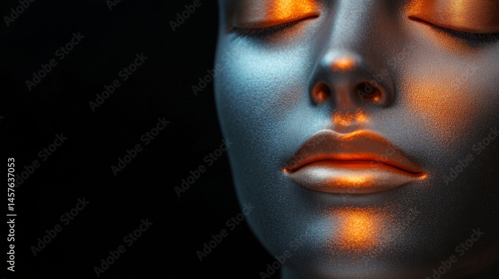 Reflective mannequin face illuminated with warm colors against a dark background in a creative studio setting Reflective mannequin face illuminated with warm colors against a dark background in a creative studio setting