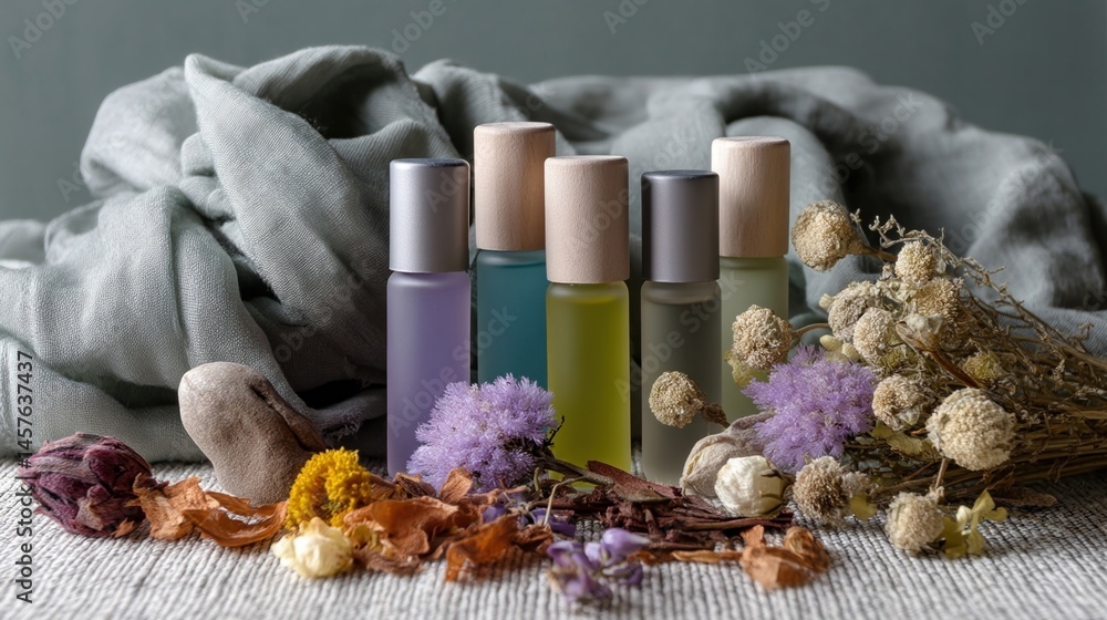 A collection of aromatherapy rollons in colorful glass bottles arranged artistically next to a tered assortment of dried flowers and leaves on a textured fabric.