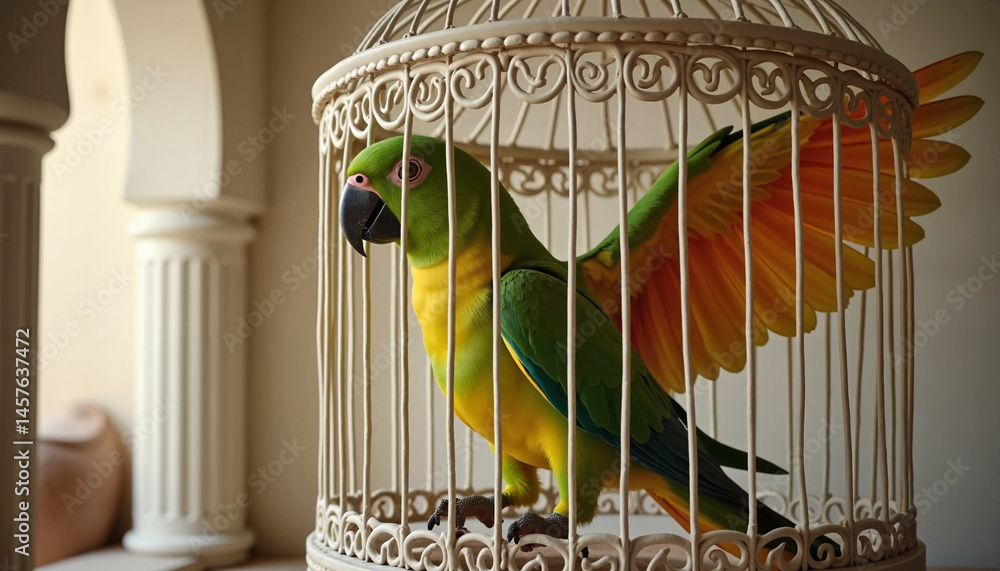 Colorful parrot in cage spreading wings against a soft interior