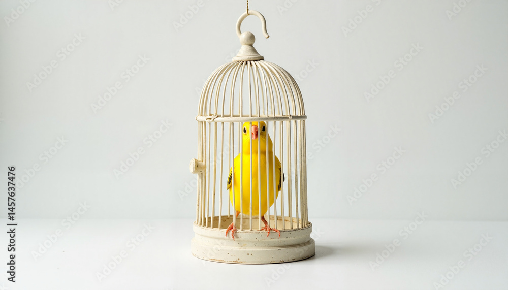 Yellow bird in cage celebrating National Pet Day against white background