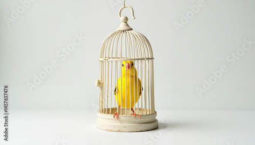 Obraz na płótnie Yellow bird in cage celebrating National Pet Day against white background w salonie