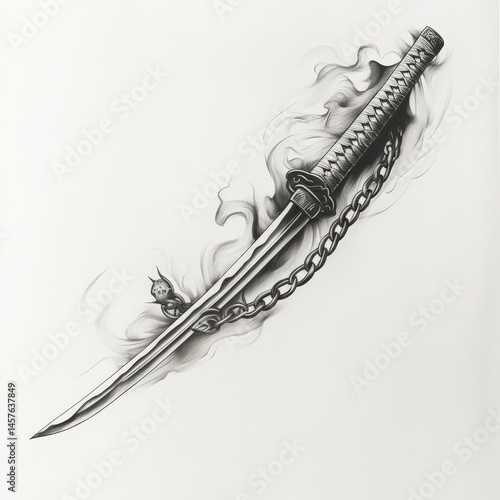 katana, draw, asian, cut, Japan, smoke, black and white, chain, weapon