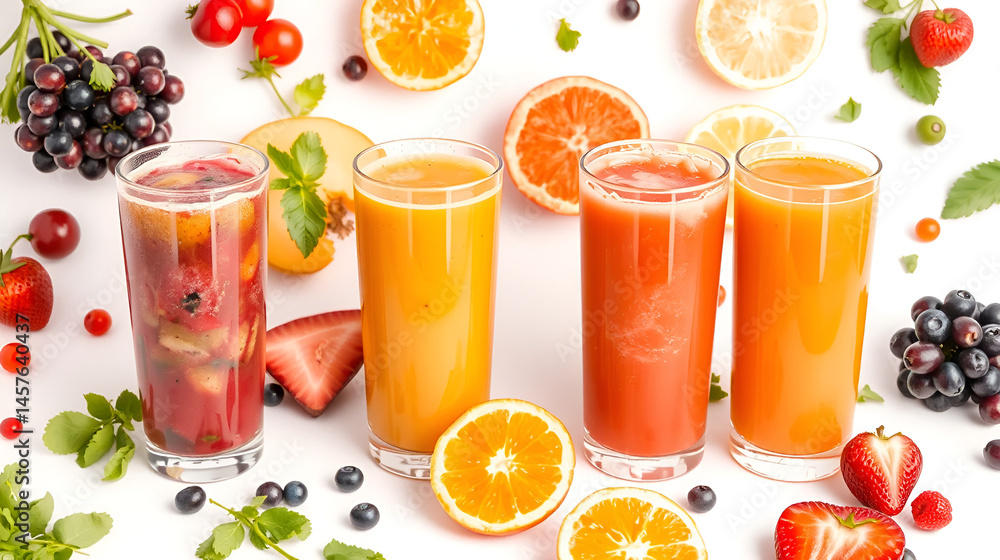 Freshly blended fruit and vegetable juices in clear glasses with colorful ingredients on a white background Freshly blended fruit and vegetable juices in clear glasses with colorful ingredients on a white background
