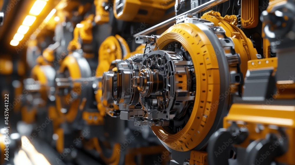 Fototapeta premium Futuristic industrial machinery with intricate detailing in yellow and silver