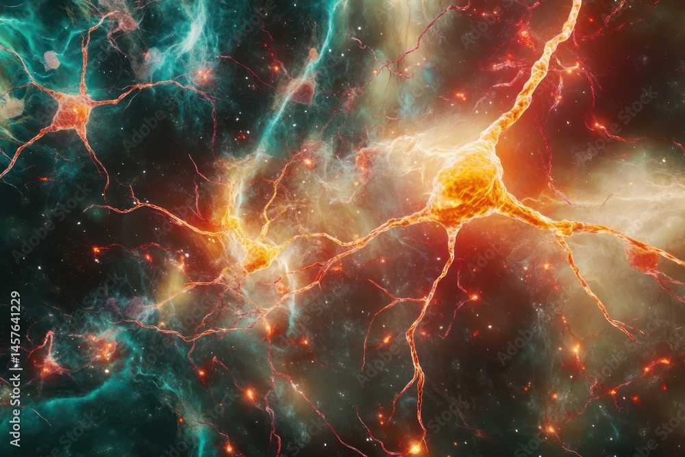 Obraz premium Neurons, vibrant and intricate, are spread across a cosmic nebula, showcasing the complex structure of the nervous system. 