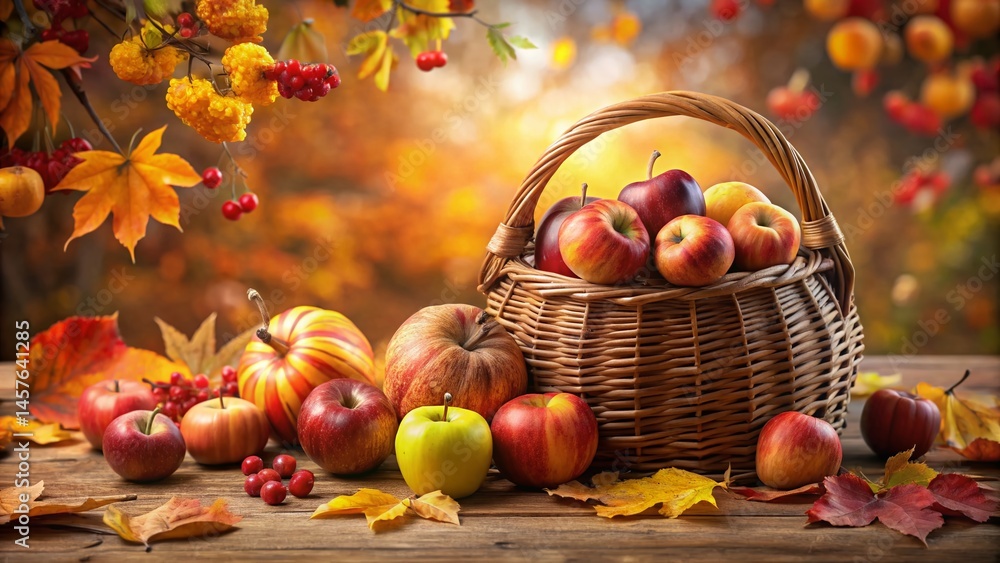 Autumn Abundance: Colorful Apples & Pumpkins in Rustic Basket with Fall Leaves Autumn Abundance: Colorful Apples & Pumpkins in Rustic Basket with Fall Leaves