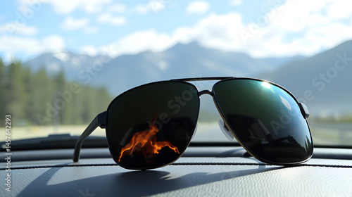 A pair of polarizing sunglasses sitting on the dashboard of a car, reflecting a scenic mountain view