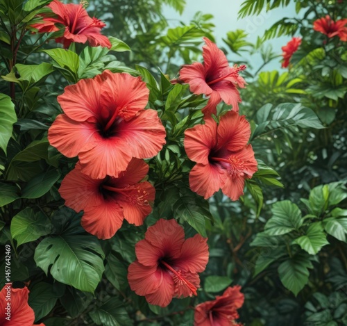Wallpaper Mural Vibrant hibiscus blooms, lush green tropical foliage ,  flora,  petals,  yellow Torontodigital.ca