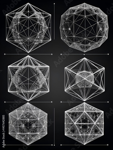 Platonic solids wireframe models. Regular convex polyhedrons in three-dimensional space with same number of identical faces meeting at each vertex. English labeled black and white illustration. Vector