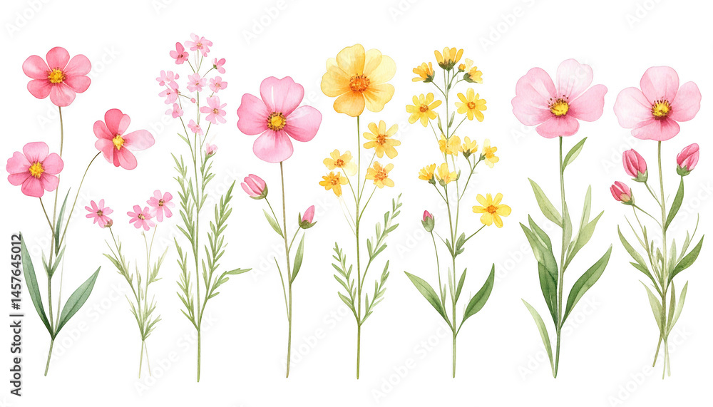 Vibrant Collection of Colorful Wildflowers with Green Leaves Vibrant Collection of Colorful Wildflowers with Green Leaves