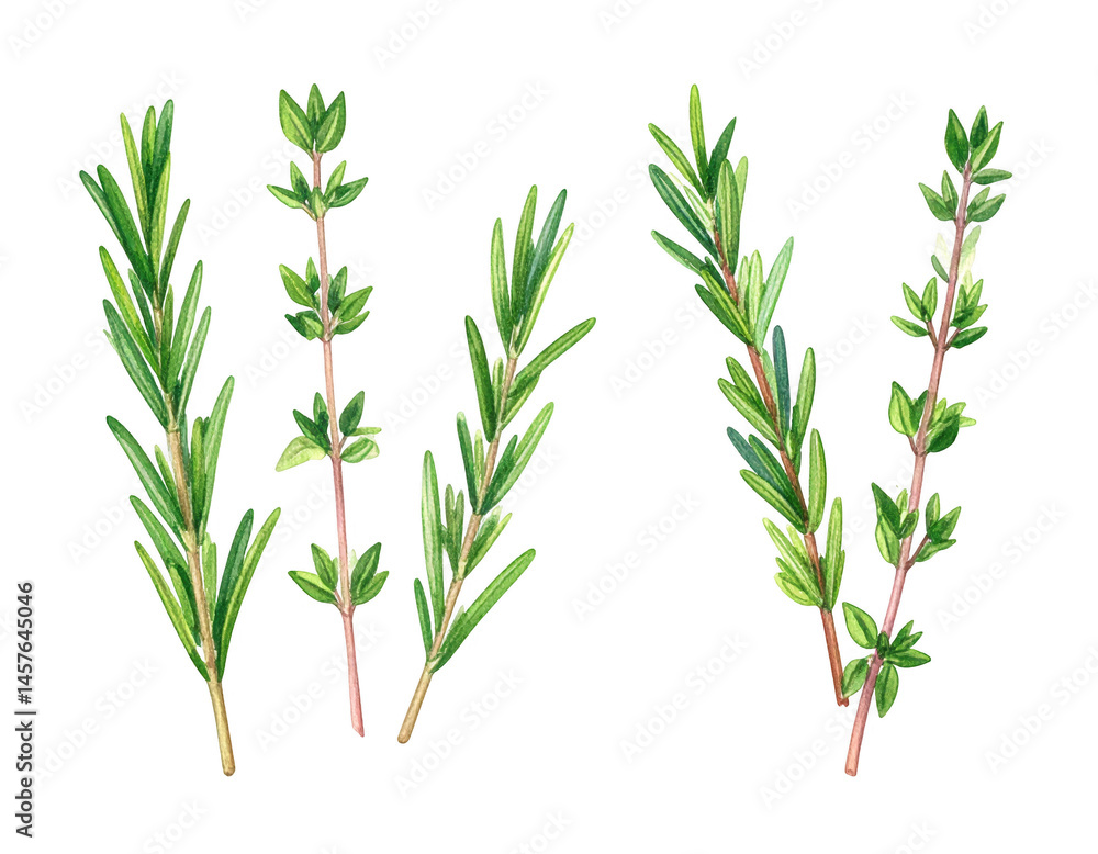 Fototapeta premium Fresh Green Thyme Sprigs Illustration on Transparent Background