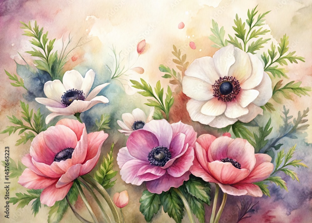 Obraz premium Blush Pink & Ivory Anemones Watercolor Portrait - Cozy Garden Vignette