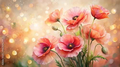 Blush Pink & Ivory Poppies Watercolor Bouquet - Cozy Bokeh Effect Stock Photo