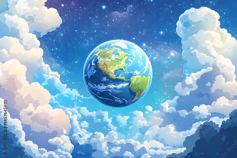 Naklejka premium A vibrant illustration of Earth surrounded by fluffy clouds in a starry sky, evoking wonder