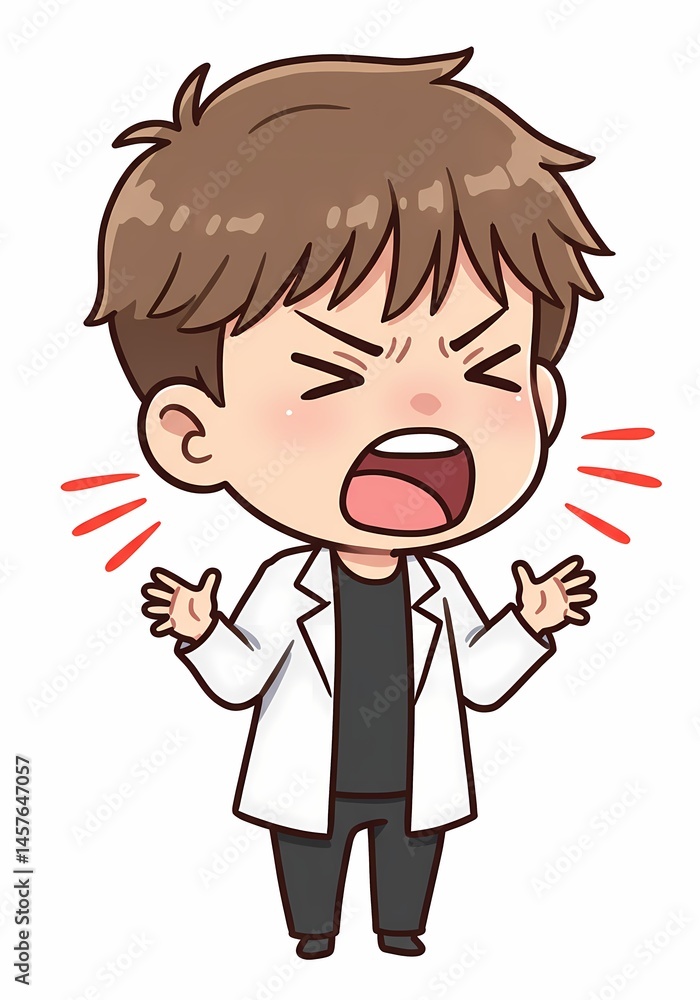 Exasperated cartoon figure visually expressing frustration and vocal outburst with exaggerated animation of a doctor expressing annoyance Exasperated cartoon figure visually expressing frustration and vocal outburst with exaggerated animation of a doctor expressing annoyance