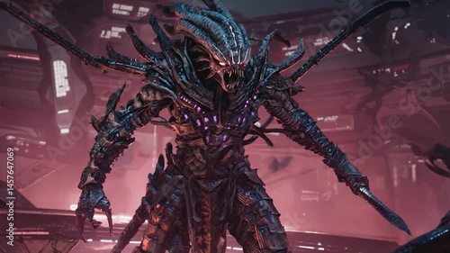 Futuristic alien monster in a spaceship environment.  Possible stock photo use video game promotional material