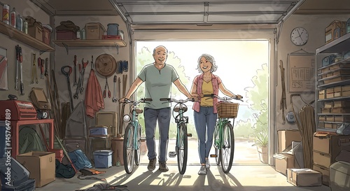 Couple Walking Bicycles Out of Garage on Sunny Day