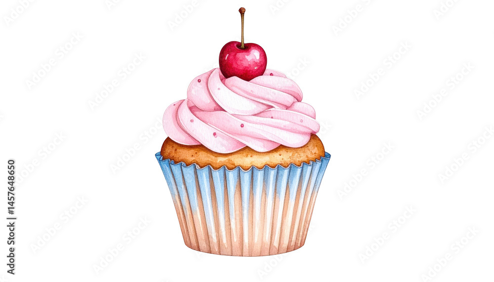 Delicious Pink Frosted Cupcake with Cherry on Top and Blue Wrapper Delicious Pink Frosted Cupcake with Cherry on Top and Blue Wrapper