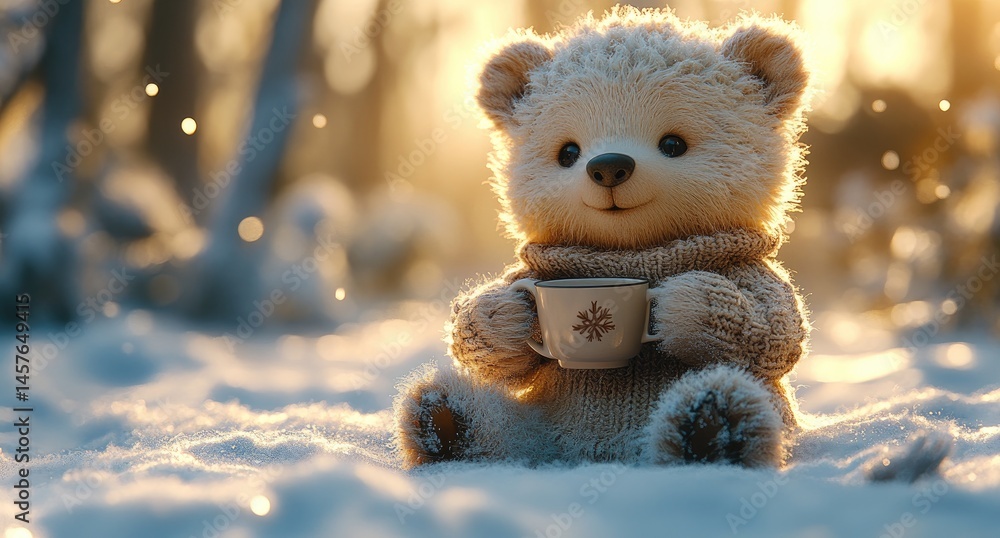 Teddy bear enjoying hot drink in snowy winter forest Teddy bear enjoying hot drink in snowy winter forest