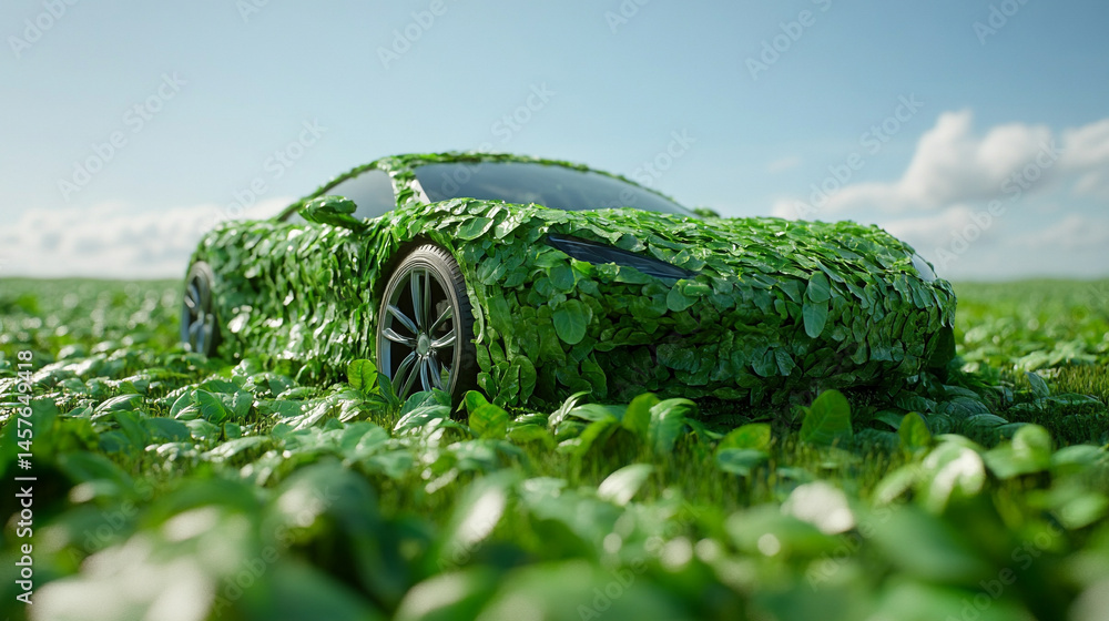 A car crafted from green leaves speeds forward, symbolizing eco-friendly transportation, renewable energy, and sustainable innovation in motion toward a cleaner environmental future.