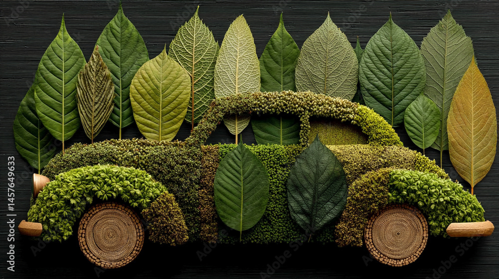 A car crafted from green leaves speeds forward, symbolizing eco-friendly transportation, renewable energy, and sustainable innovation in motion toward a cleaner environmental future.