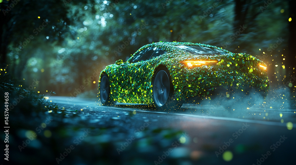 A car crafted from green leaves speeds forward, symbolizing eco-friendly transportation, renewable energy, and sustainable innovation in motion toward a cleaner environmental future.