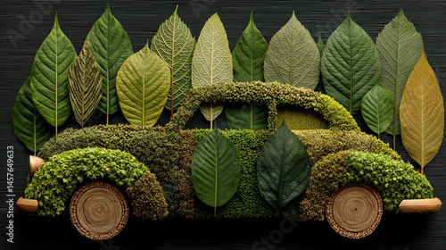 Obraz na płótnie A car crafted from green leaves speeds forward, symbolizing eco-friendly transportation, renewable energy, and sustainable innovation in motion toward a cleaner environmental future.
w salonie