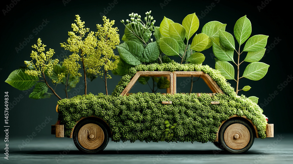 A car crafted from green leaves speeds forward, symbolizing eco-friendly transportation, renewable energy, and sustainable innovation in motion toward a cleaner environmental future.