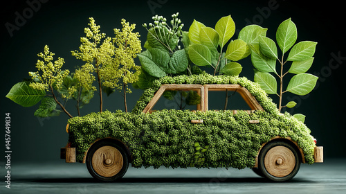 Obraz na płótnie A car crafted from green leaves speeds forward, symbolizing eco-friendly transportation, renewable energy, and sustainable innovation in motion toward a cleaner environmental future.
w salonie