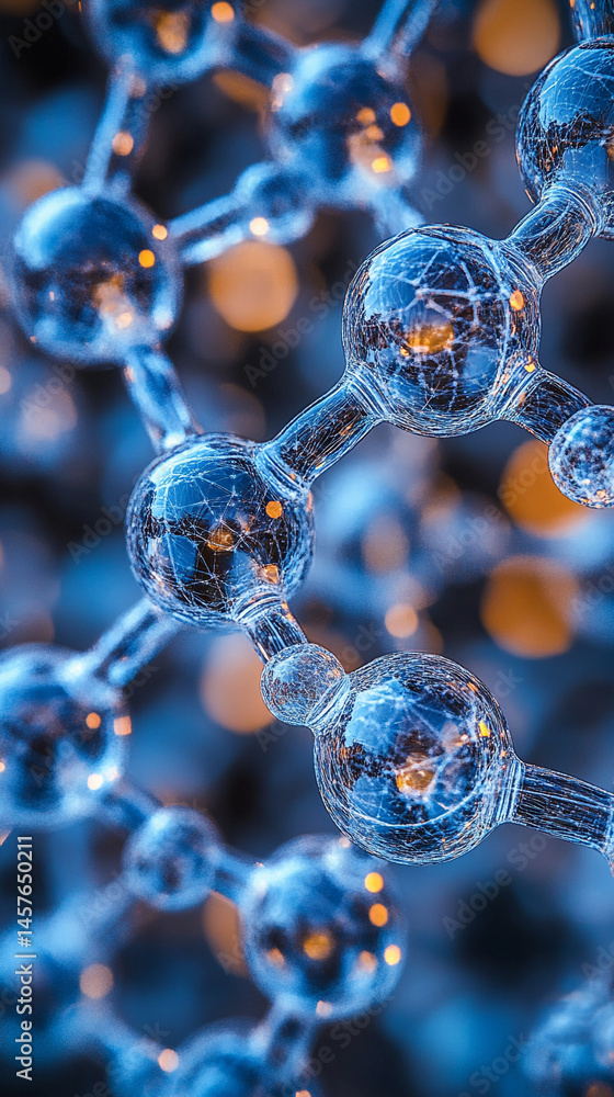 Close-up macro of a nanotechnology molecular fiber reveals intricate structure and interconnections, symbolizing innovation in advanced science, material engineering, biotechnology, and medicine.
