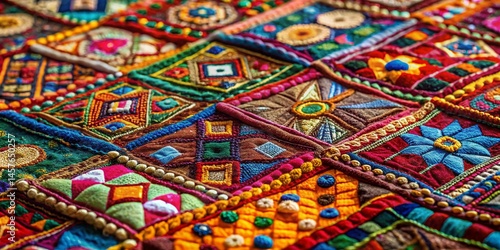 Candid Photo: Geometric Patchwork Textile with Varied Line Styles, Close-up Detail